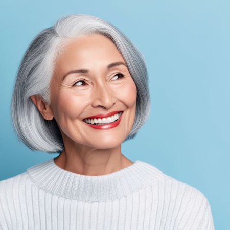Happy, smiling senior woman pictured against blue background